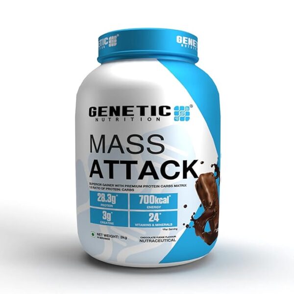 GENETIC NUTRITION Mass Attack 28.3G, 3G Creatine, 700Kcal, 24 Vitamins & Minerals Per Serving (Chocolate Fudge