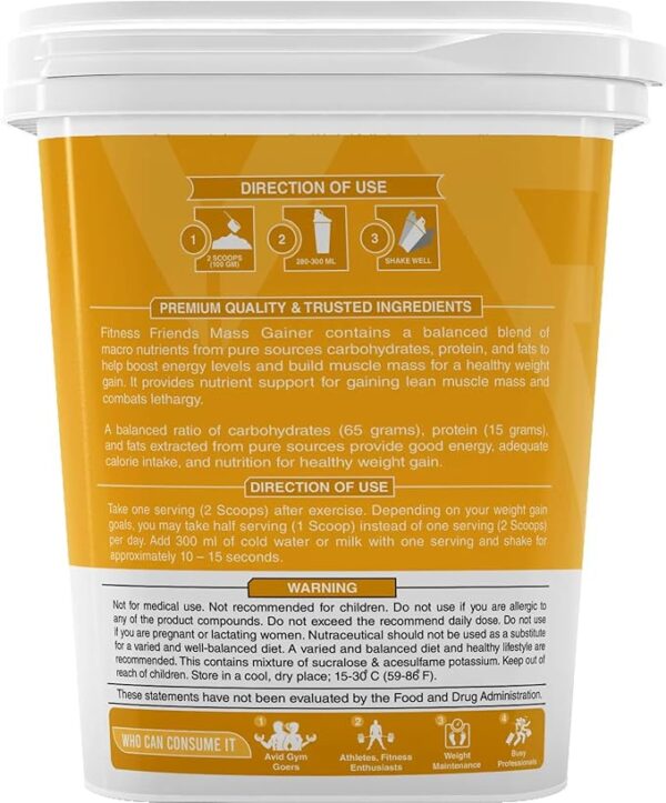 Fitness Friends Mass Gainer Formula, 15g Protein, 3g Creatine, 65g Carbohydrate, 50 Servings, 5kg - Image 3