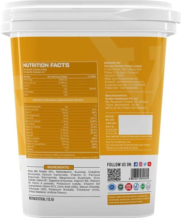 Fitness Friends Mass Gainer Formula, 15g Protein, 3g Creatine, 65g Carbohydrate, 50 Servings, 5kg - Image 2