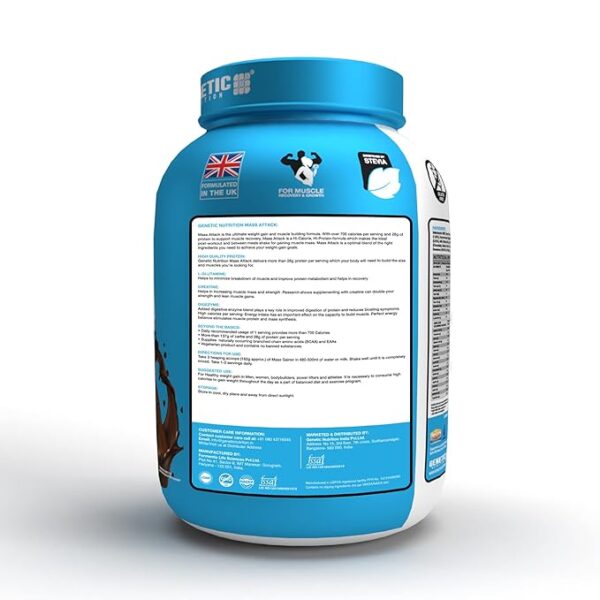 GENETIC NUTRITION Mass Attack 28.3G, 3G Creatine, 700Kcal, 24 Vitamins & Minerals Per Serving (Chocolate Fudge - Image 2