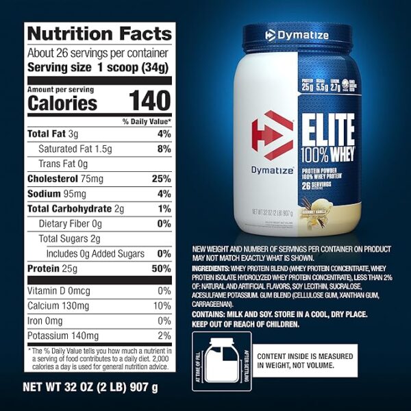 Dymatize Elite 100% Whey Protein  Post Workout 2 lbs, 907 gm, Gourment Vanilla - Image 3
